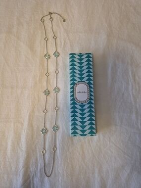 Stella & Dot Long Silver Necklace with Mint Green Flower Accents